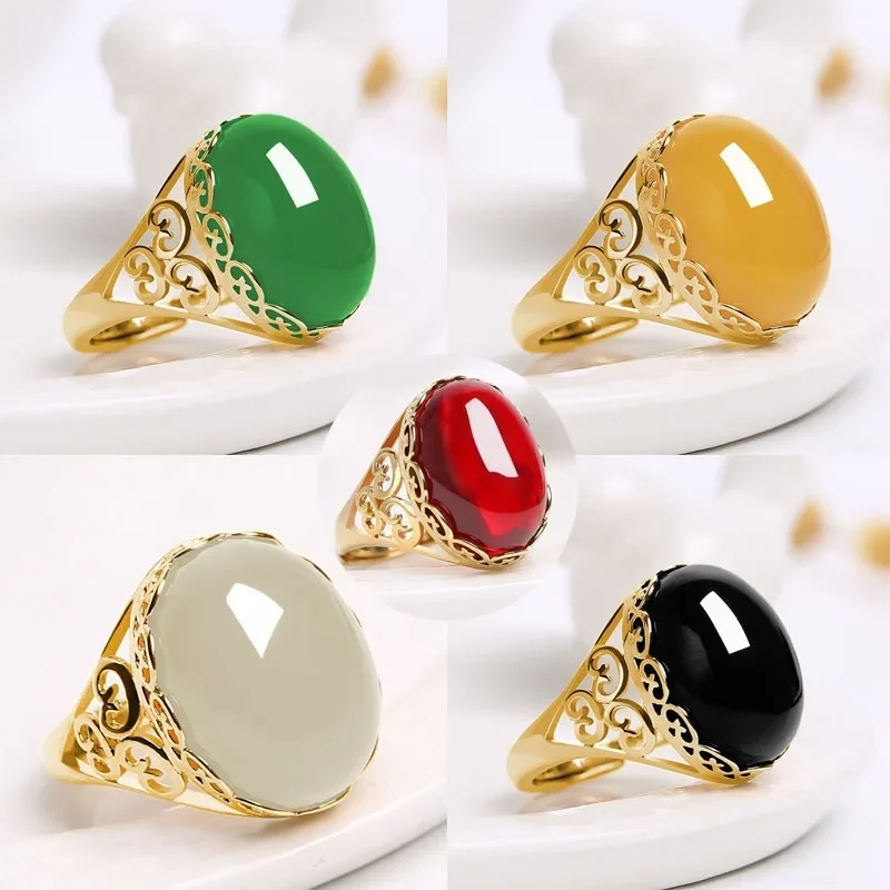 Imitation Green Jadeite Ring Sand Gold Ethnic Style Temperament Ring Opening Retro Imitation Red Green Agate Color for Female