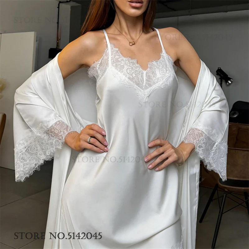 Elegant Female Twinset Robe Set Nightgown Sexy Lace Trim Nightdress Lingerie Spring Summer New Sleepwear Homewear Satin Pajama