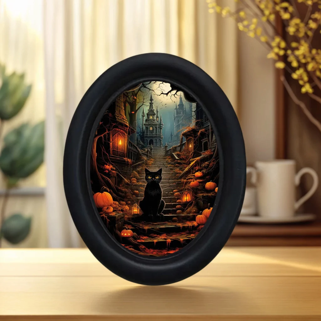 1 Piece 3D Retro Halloween Black Cat Standing Decorative Mural on the Castle Stairs - Handmade Oval Wooden Decoration Wall Art (525* 4.16inch), Oval Decoration, Halloween, Christmas, Thanksgiving Victorian Room Dark Decoration