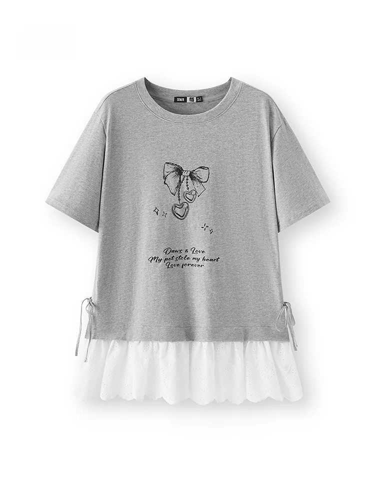 

Женская футболка Semir с коротким рукавом из чистого хлопка, с круглым вырезом, декорированная узлом, с принтом, повседневный топ, лето 2026