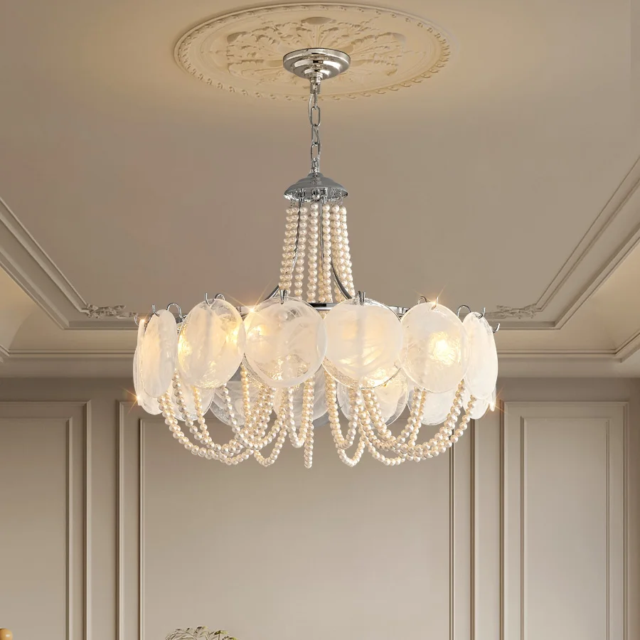 French Multi-Colour Optional Glass Decorative Chandelier Chrome Metal Creative Living Room Light Pearl Decorative Bedroom Light