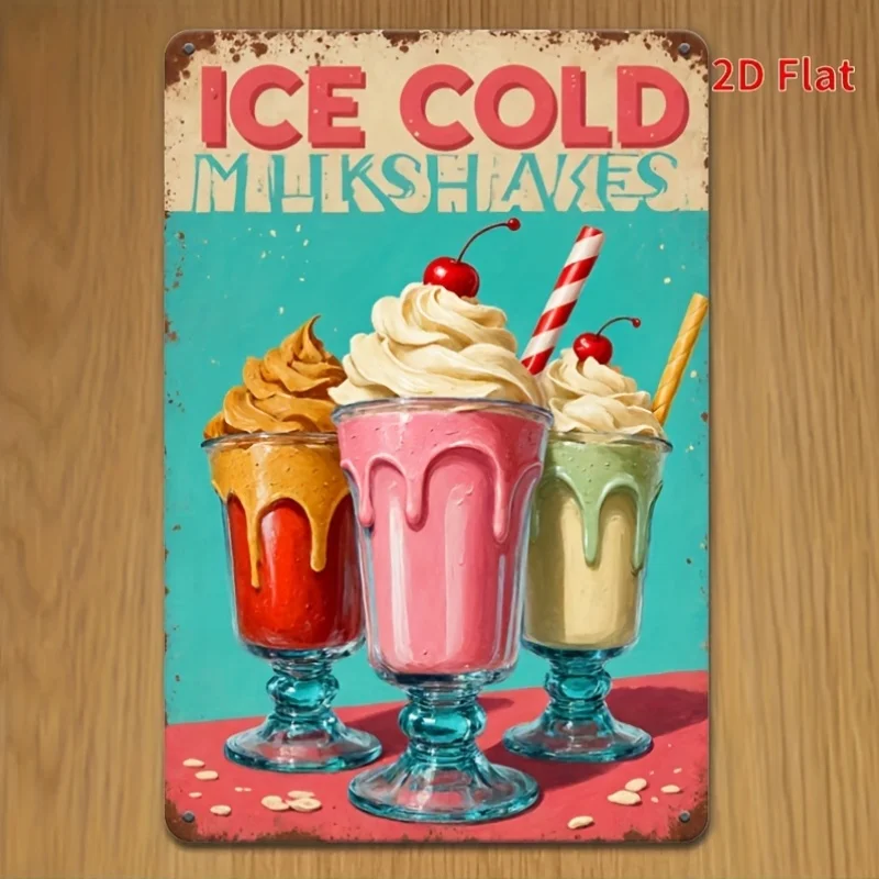2D Flat - [Enable ] 1pc, 2Dflat, for Decoration Solely, 2D Flat Retro Style, 1pc Pack 1950S Retro Ice Cream Milkshake Metal W