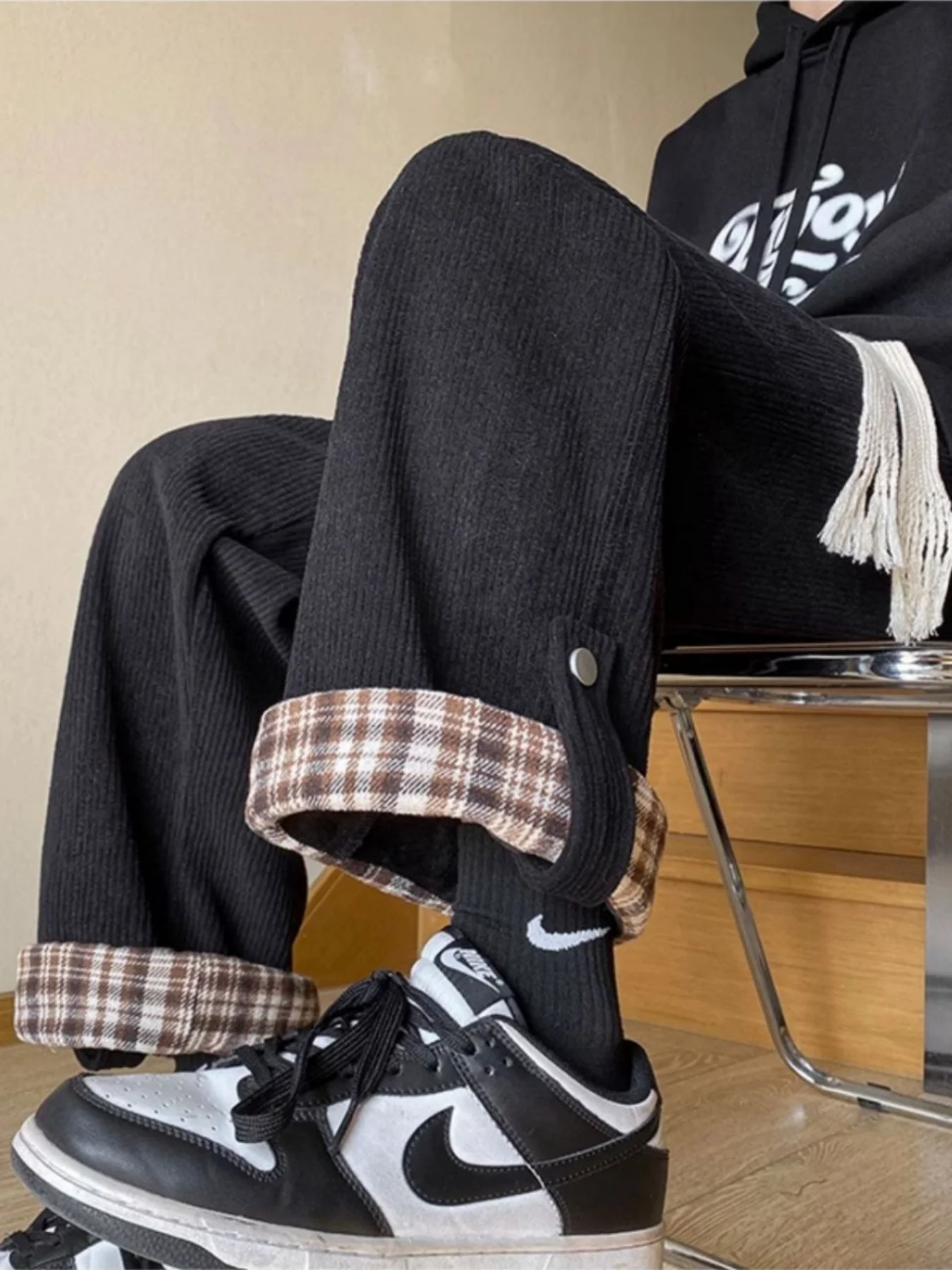 韓国スタイルのトレンディな春と秋の新しいシンプルなチェック柄カフ付きワイドレッグパンツ、女性用、春と秋の学生用ルーズカジュアル多用途怠惰なストレートレッグパンツ