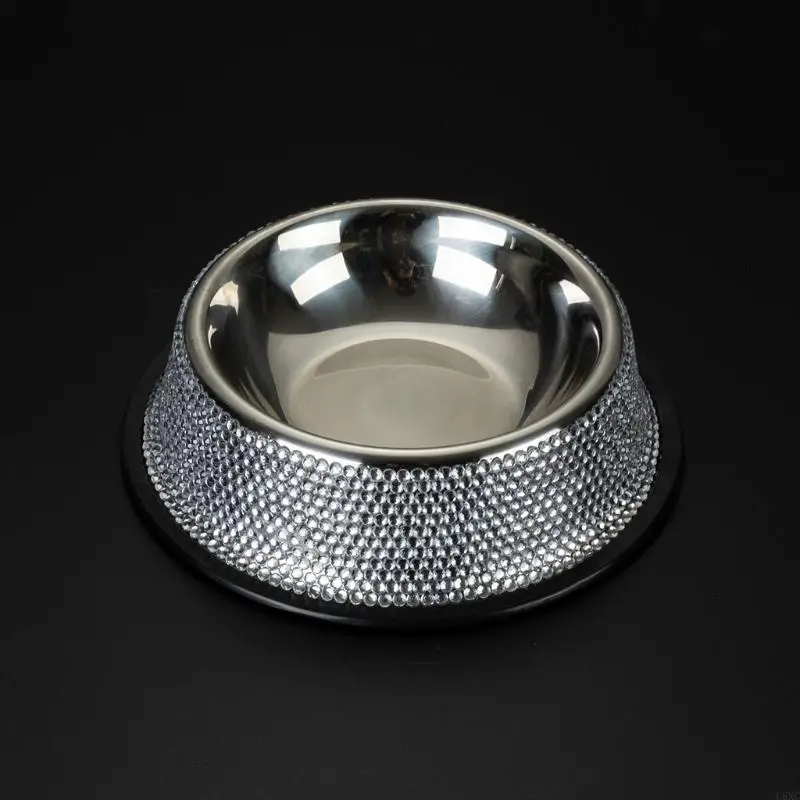 U6XC Dog Bowls with Rhinestones Stainless Steel Dog and Water Bowls Non-Skid Rubber Base Sparkling Feeding Supplies