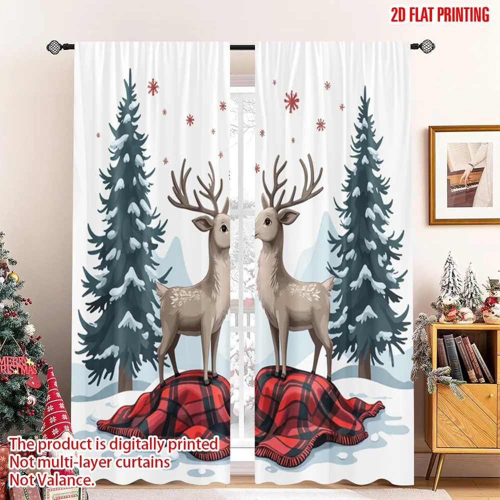 

2pcs 2D flat printing Merry Christmas Popular Window Curtains Red Plaid Deer Trees Snowflakes 100% Polyester Without Electricity
