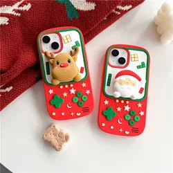 3D Cute Cartoon Santa Claus Holder Shell  Christmas Deer Phone Case For iPhone 15 14 13 12 11 Pro Max Full Shockproof Cover