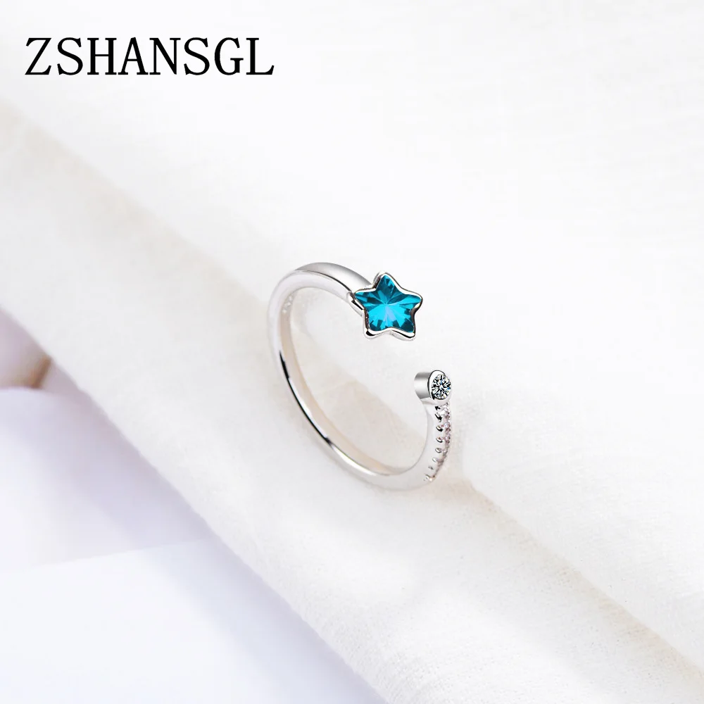 Simple Silver color Geometry Blue Five-pointed Star Rings For Women Girls Gift Opening Ring Sterling-silver-jewelry