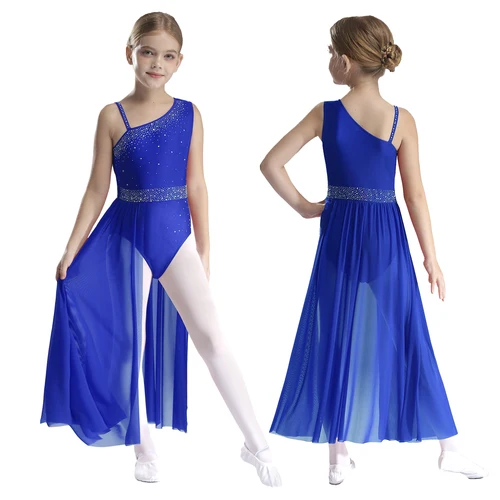 Imagen 2 del producto Vestido de baile moderno lírico con diamantes de imitación para niña, vestido asimétrico sin mangas para Ballet, gimnasia, patinaje artístico, leotardo, Ropa de baile