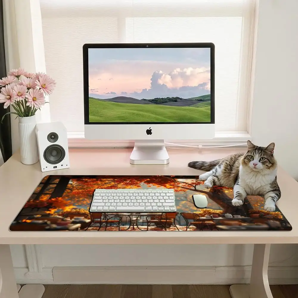Outdoor Terrace Cafe Golden Red Maple Tree Leaves Soft Sunlight Forest Background Anti‑Slip Rubber Gaming Desk Mat For Home