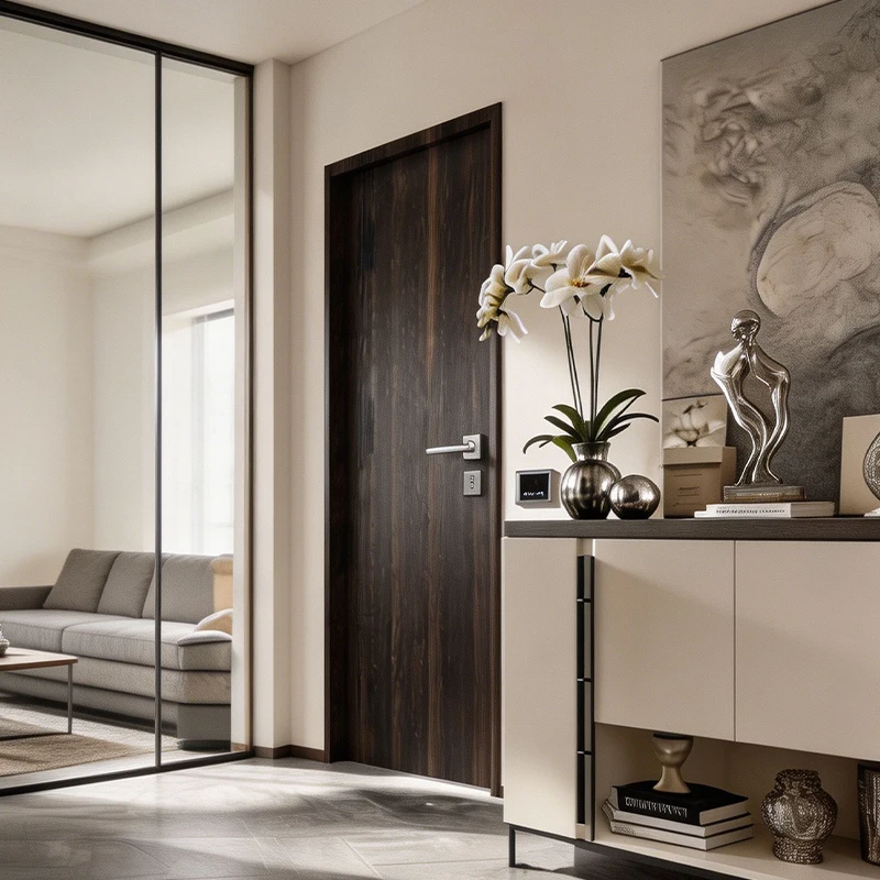 #Dark Wood Grain Hidden Frame Solid Wood Interior Door Modern Luxury Soundproof Waterproof Flush Bedroom Door Custom Timber