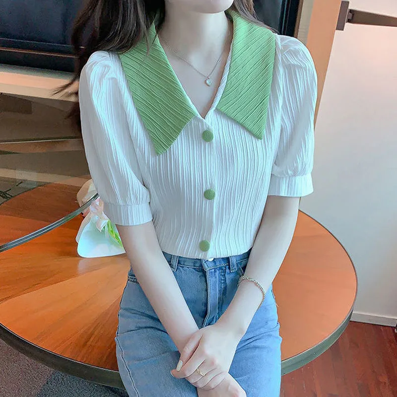 Fashion Contrasting Colors Sweet Puff Sleeve Shirt Summer Women\'s Clothing Peter Pan Collar Chiffon Button Blouses Young Style