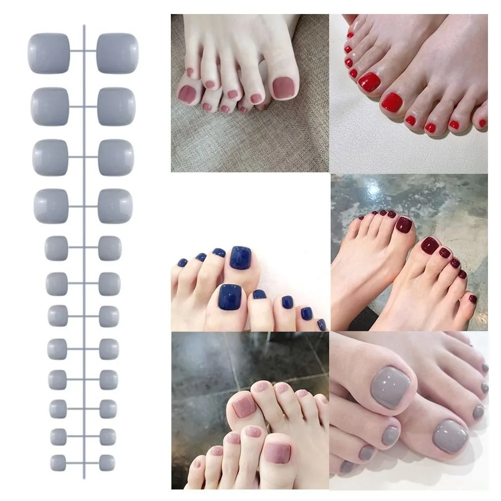 24Pcs Full Cover Solid Color Fake Toe Nails Nail Tips Wearable Detachable False Toenail Bright Manicure Press-on Nails Women