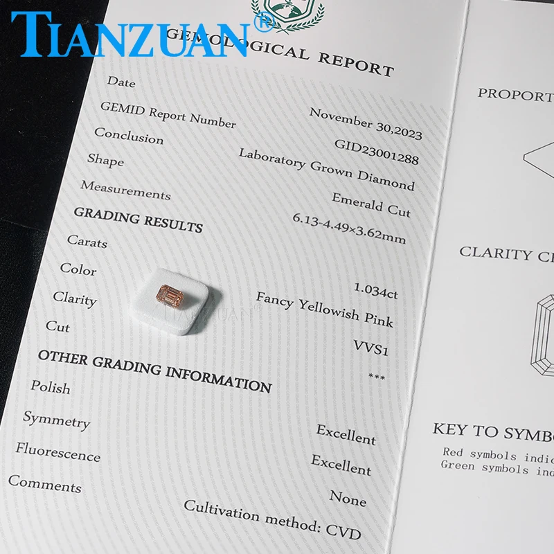 

Lab Grown Diamond CVD Emerald Cut Fancy Yellowish Pink Color 1CT VVS1 2EX Loose Gemstone Bead with GEMID Certified