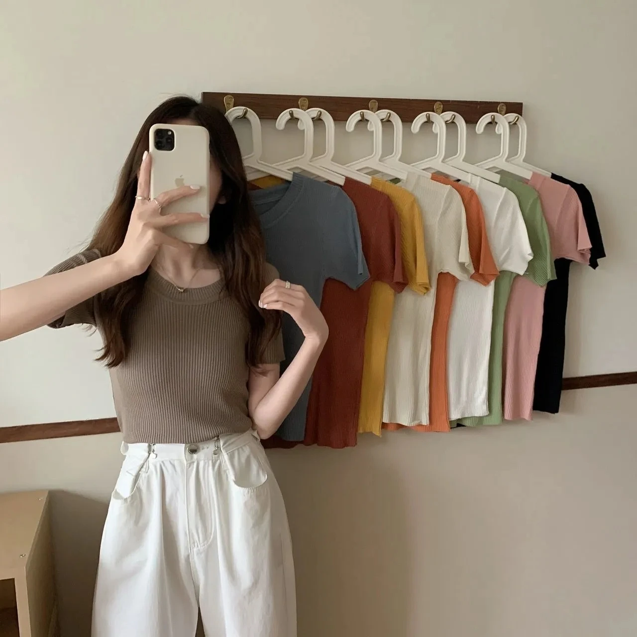 Knit Slim Aesthetic Short Sleeve T Shirt Solid White Green Fashion Woman Blouse 2023 Summer Crop Tops