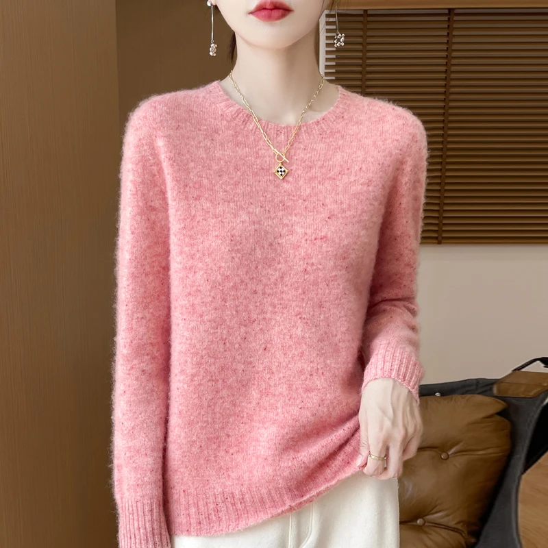 Women\'s Autumn Winter New 100% Wool Sweater, Round Neck Loose Pullover Sweater Dotted Floral Yarn Knitted Sweater Versatile Base