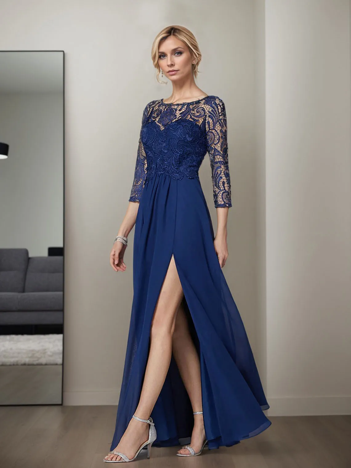 Abito a trapezio Abito per la madre della sposa Elegante scollo a barca con spacco alto Lunghezza pavimento Chiffon Applicazioni in pizzo 2025 personalizzato gratuito