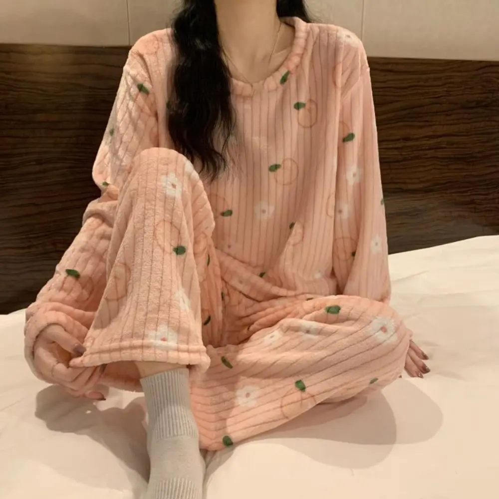 Mode mignon ours velours ensemble de vêtements de nuit fleur à manches longues pyjama costume vêtements de nuit pêche hiver épais chaud pyjamas automne hiver