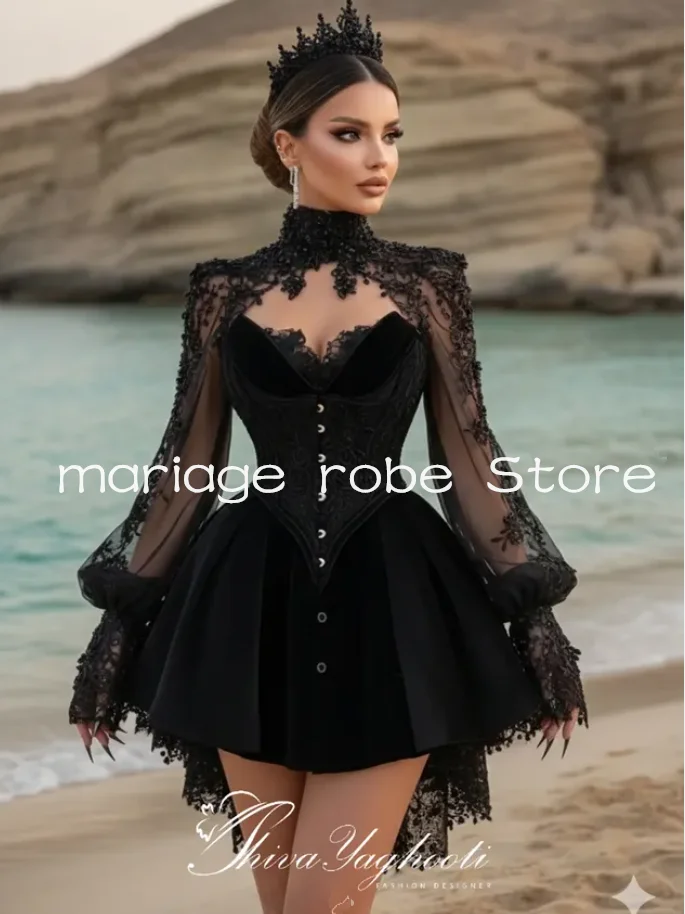Short Beach Black Gothic Wedding Dresses Long Sleeve Corset High Neck Summer Holiday Reception Second Bridal Gown Customized