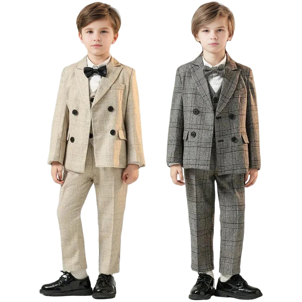 

Child Autumn Winter 4pcs Plaid Suits Boy's Birthday Host Performance Photography Costume Kids Blazer Vest Pants Bowtie Outfit