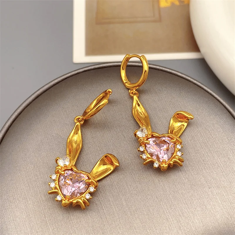 Korean Inlaid Pink Heart Shape Zircon Cute Rabbit Drop Earrings For Women Tidal Current Fashion Earrings Plating 18k Gold