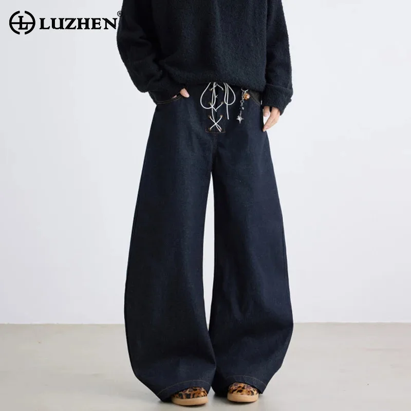 

LUZHEN Cross Weave Placket Leopard Print Pockets Decorate Loose Straight Denim Pants Men's Fashion 2025 New Street Jeans JY4089