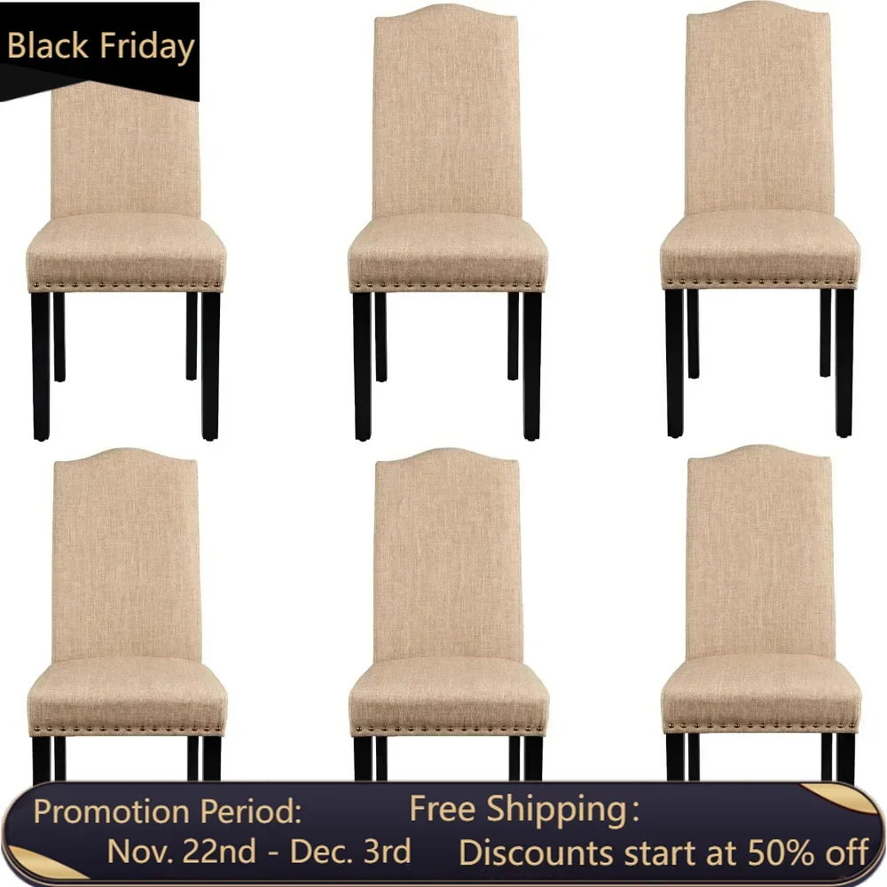 6 fabric Parsons chairs for dining, dining kitchen side chairs, rubber wooden legs and nail head trim, khaki color