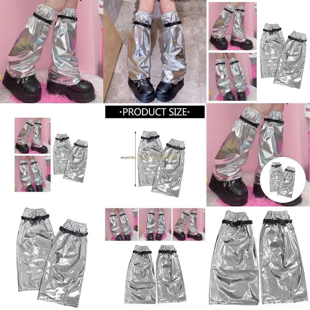 

31BF Wome Punk Buckled Leg Sleeve for Teen Girl Metallic Shining Flared Leg Warmers