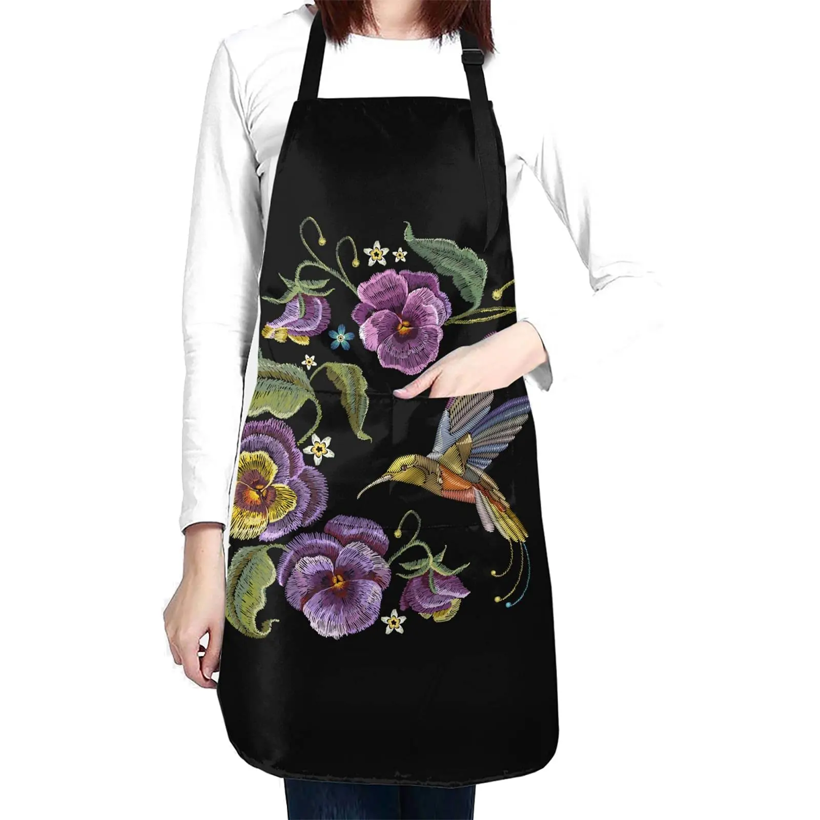 

Hummingbirds Flowers Floral Waterproof Apron With 2 Pockets Kitchen Chef Aprons Bibs For Grooming Cooking Baking Painting