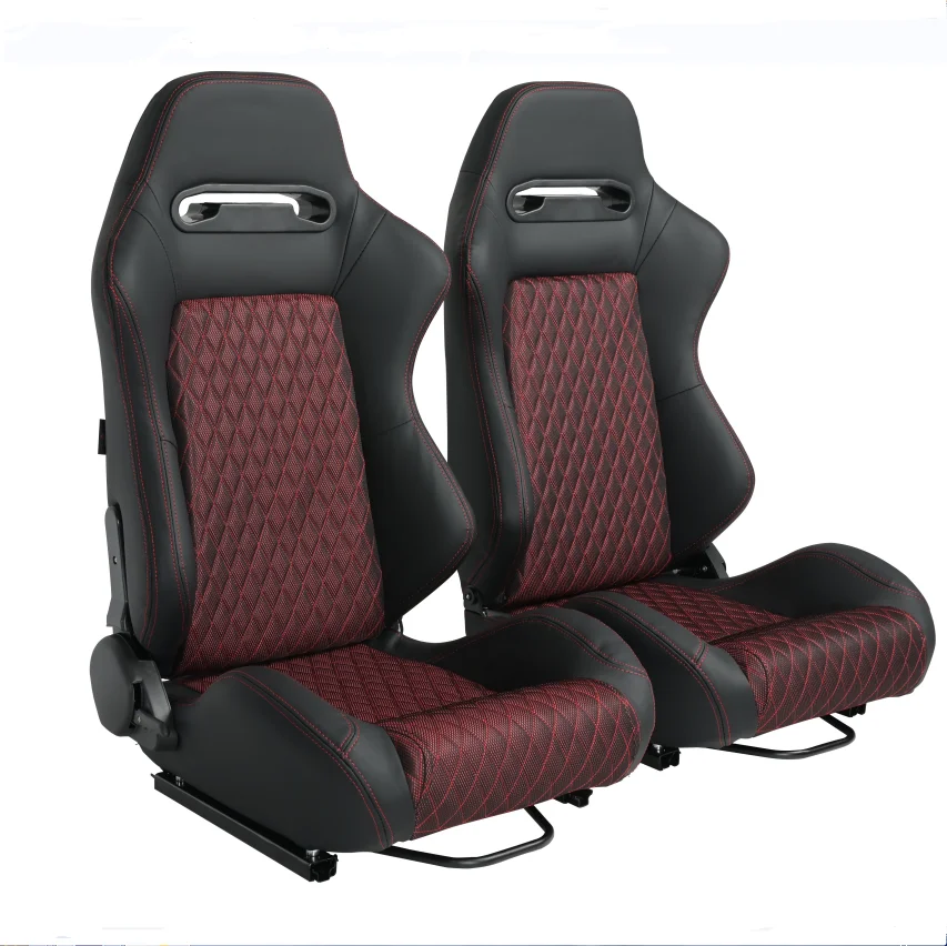 2 Pieces Universal Racing Seats with Dual Lock Sliders, Black PVC Leather Red Diamond Shiny Mesh Fabric,22.45