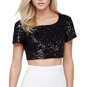 Women's fashion bright sexy blouses shining sequins Shirts The neck short sleeve cut festival silver silver gold pullovers 10 Main Sales Gold Blouse - №4