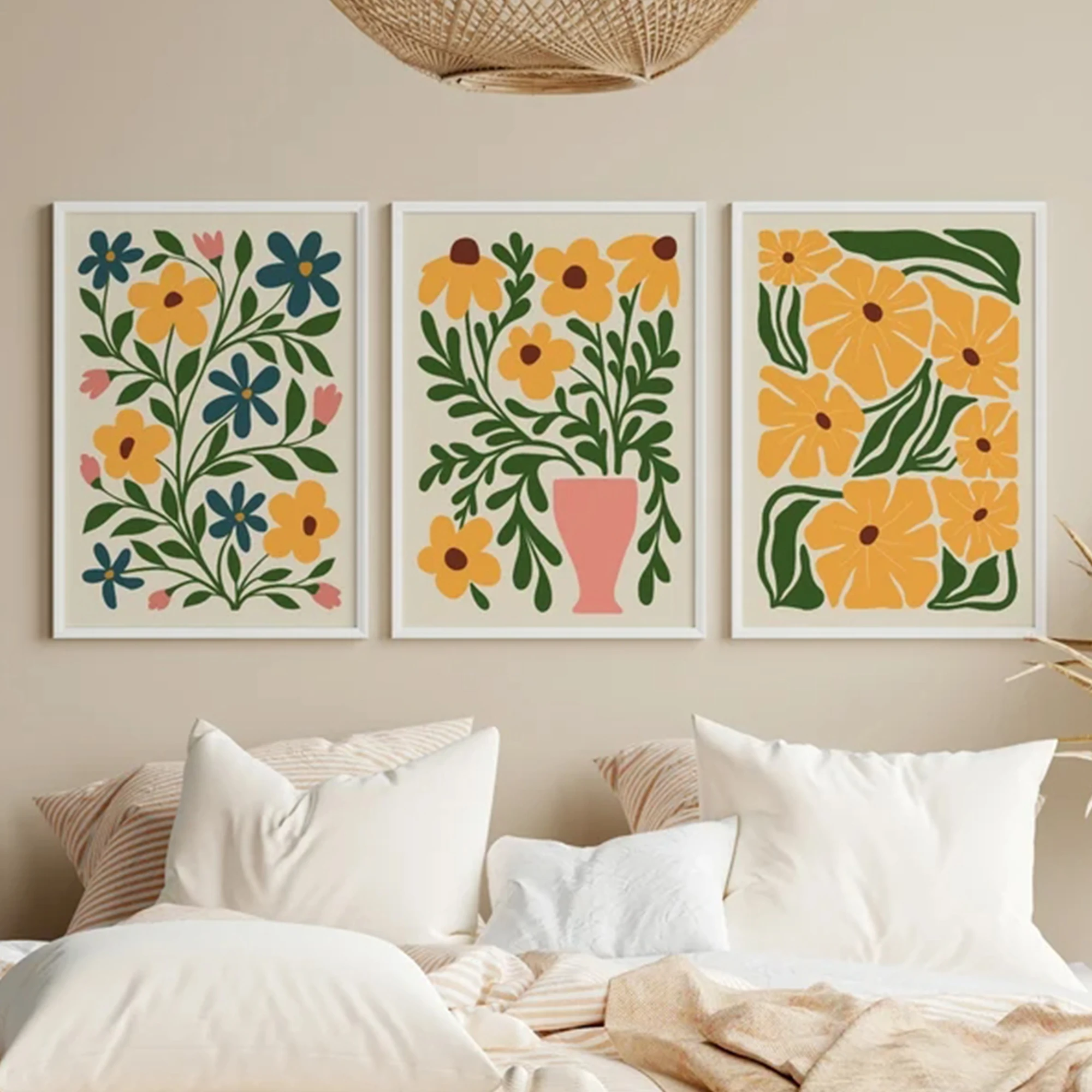 3pcs Modern Pink & Yellow Botanical Flower Wall Art Print Canvas Painting Poster Picture For Living Room,Bedroom Home Decor - view 2