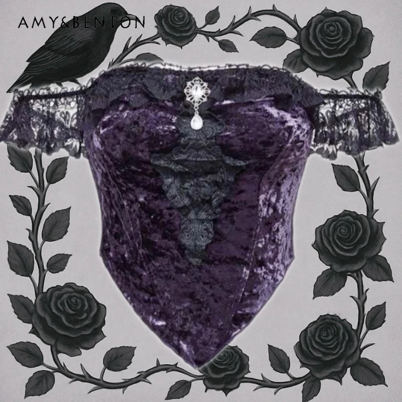 

Gothic Velvet Off-Shoulder Women's Corset Top 2025 Autumn New Punk Dark Retro Design Lace Sexy Pendant Halter Vest Top Ladies