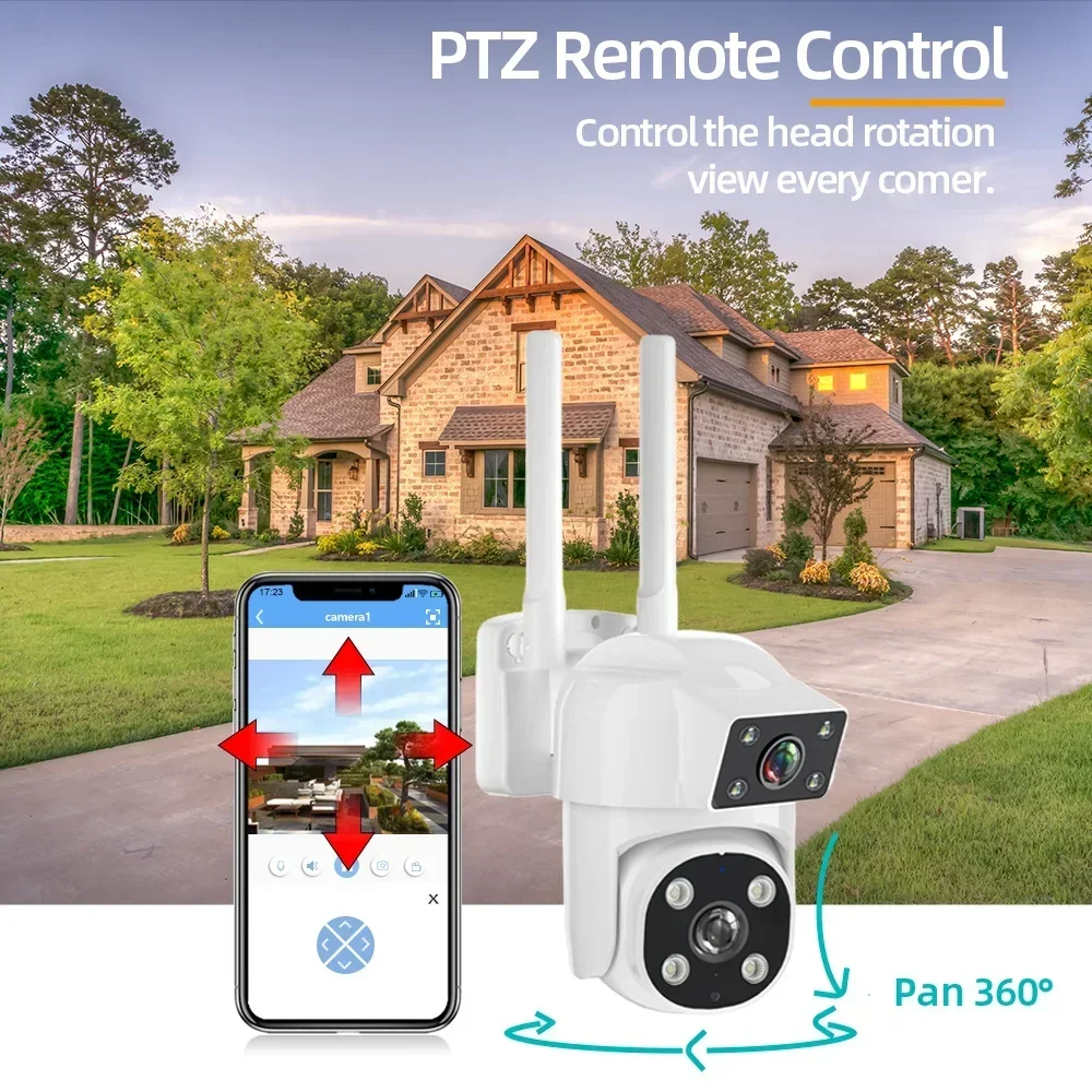 와이파이 IP 감시 카메라, 듀얼 렌즈 PTZ 360, 무선 야외 방수 보안 CCTV 카메라, 사람 감지 자동 추적, 8MP