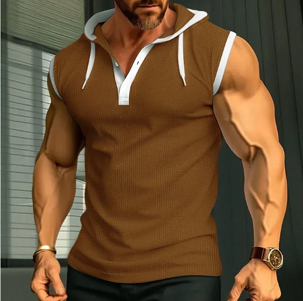 Mens Waffle Sleeveless Hood Tank Contrast Drawstring Slim Breathable Gym Summer Casual Vest Tops Male Daily Workout Street Shirt