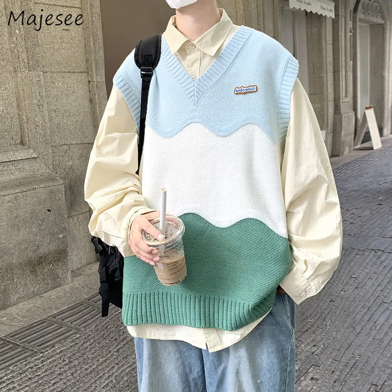 

Men Sweater Vest Preppy Vitality Harajuku Retro V-neck All-match Fashion Baggy Teens Japanese Stylish Chic Knitwear High Street