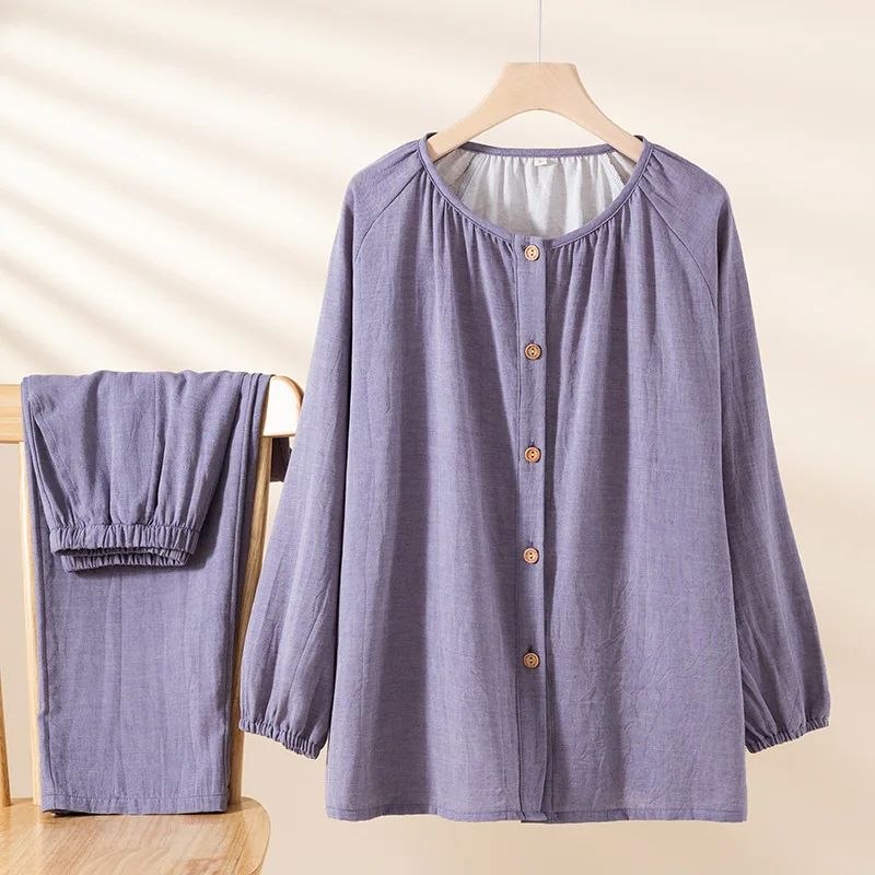 New 100% Cotton Long Sleeve Pijama Suit Women's Solid Color Pajama Set Autumn Two-Piece Home Sleepwear Ladies Nightwear