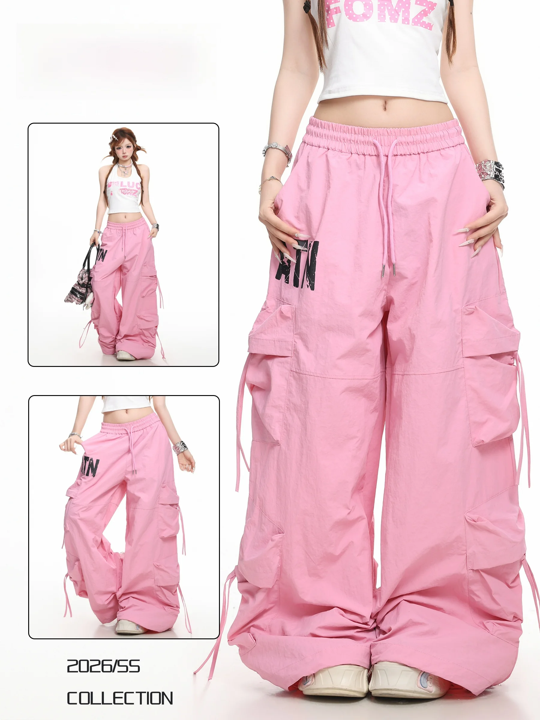 

BASTERDS American Streetwear Printed Multi-Pocket Workwear Casual Pants Women Slimming Versatile Wide Leg Long Trousers