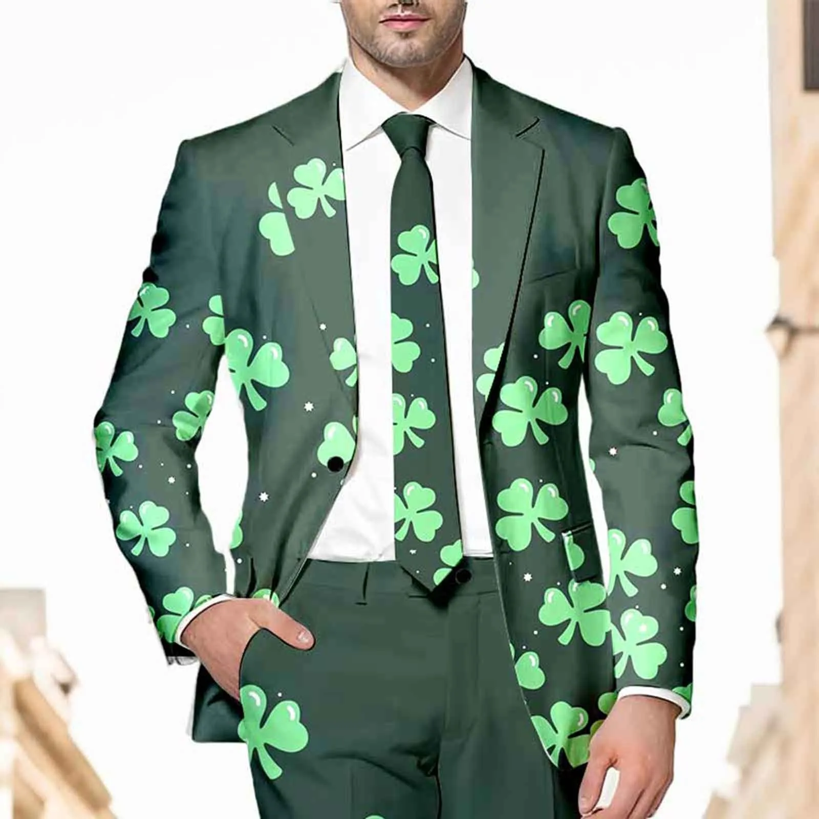 St. Patrick's Day Mens St. Patrick's Day Festive Style All Over Printed Four Leaf Jacket Graphic Green Carnival Festival