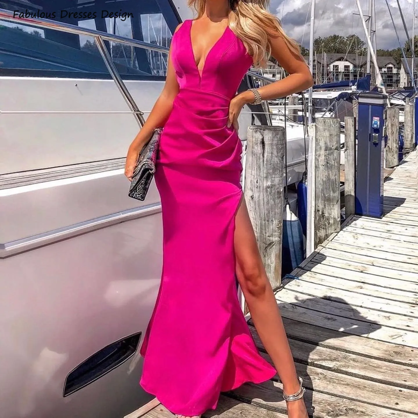 

Hot Pink Long Mermaid Prom Dresses Sexy V-neck Side Slit Backless Pleat Evening Dress Custom Made Women Wedding Party Gown