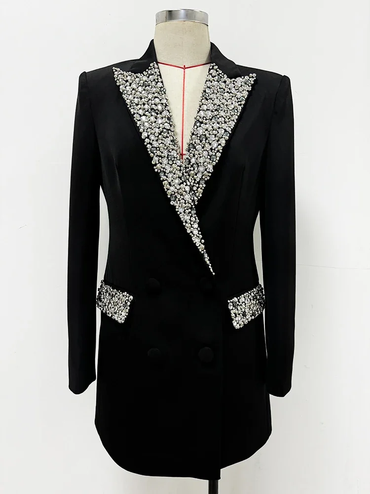 HIGH STREET Newest Fashion 2024 S/S Designer Jacket Women\'s Slim Fitting Luxury Rhinestone Diamonds Beaded Long Blazer