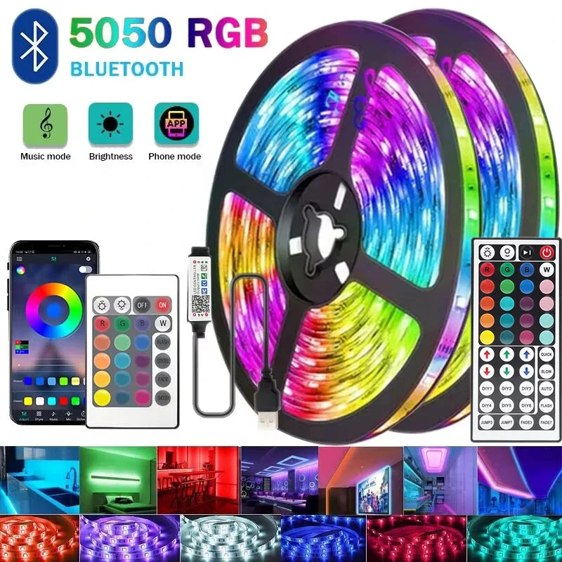 RGB LED 스트립 라이트 블루투스 앱 24/44키 리모컨 음악 동기화 유연한 테이프 리본 TV 백라이트 침실 거실 휴일 장식