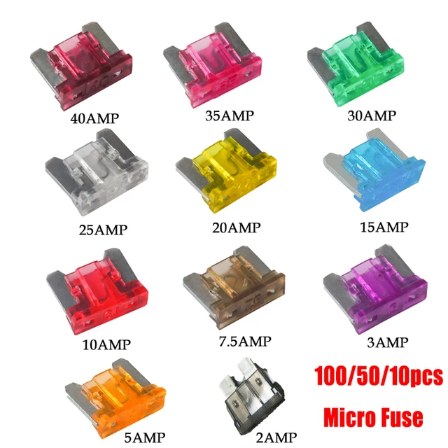 100/50/10szt Mikro Bezpieczniki Samochodowe Typ Łopatek Mini Bezpieczniki Zestaw Bezpieczników 2A 3A 5A 7.5A 10A 15A 20A 25A 30A 35A 40A