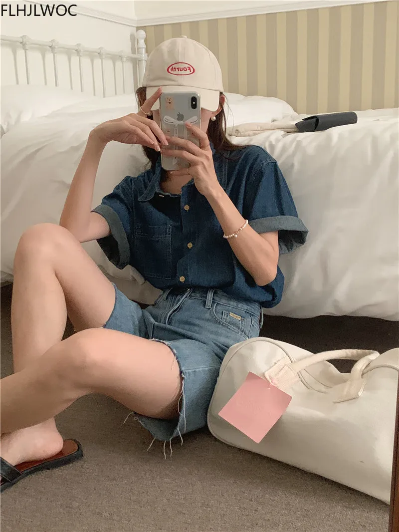 Button Blue Jeans Denim Korea Cute Shirt Design Women Japan Girl Vintage Retro Top Blouse 2022 Chic Korea Fashion Clothes