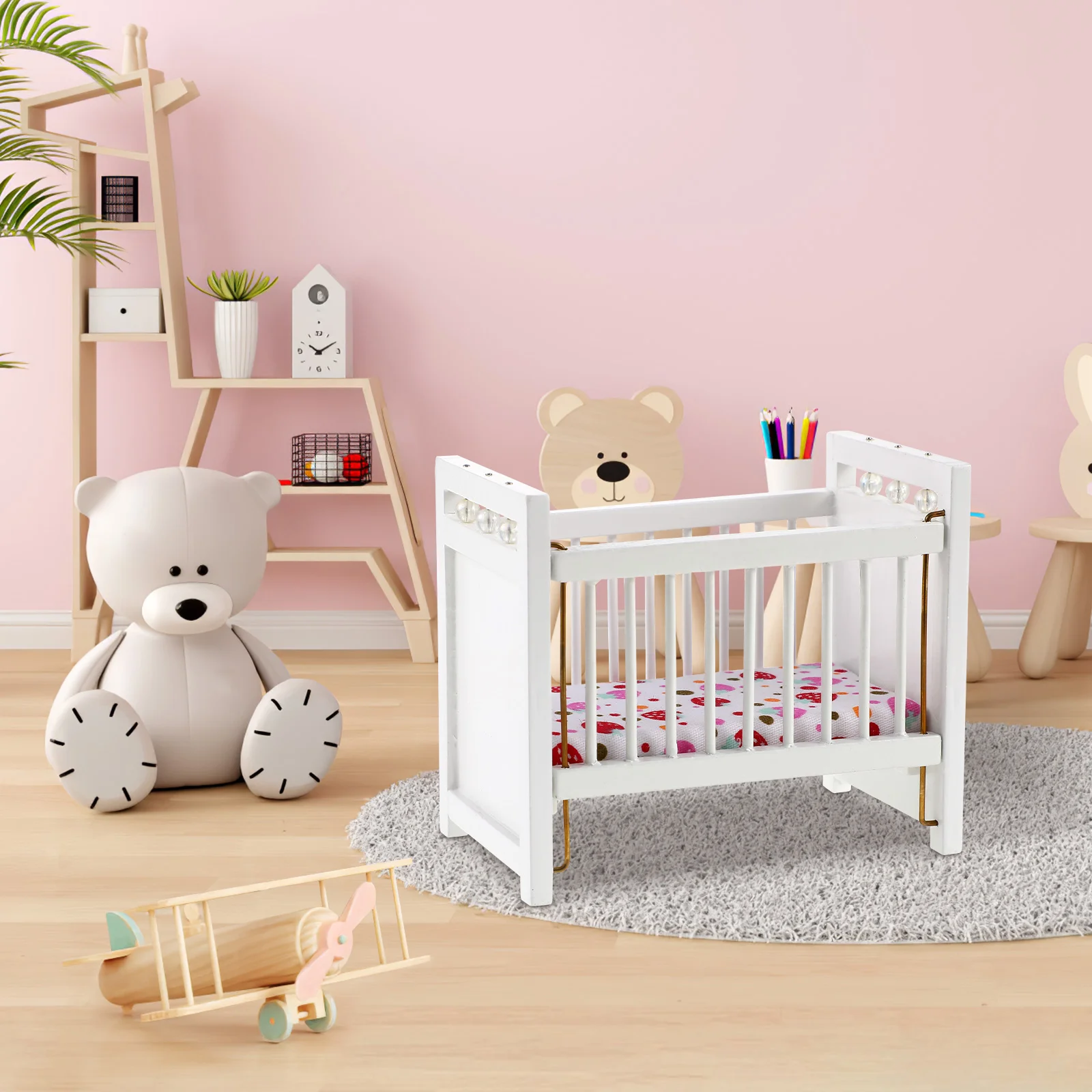 House Furniture Accessory Baby Crib Miniature Bed Decoration Collection Ornament Toy for Toddler Kids Children