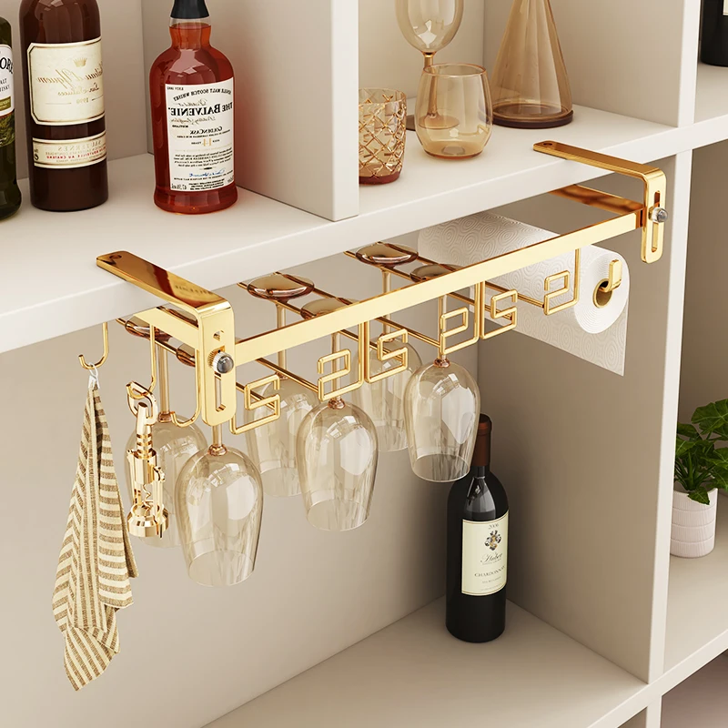 Gold metal multi-row tableware under the cabinet storage red wine hanging glass tissue rack tableware drying rack lanyard