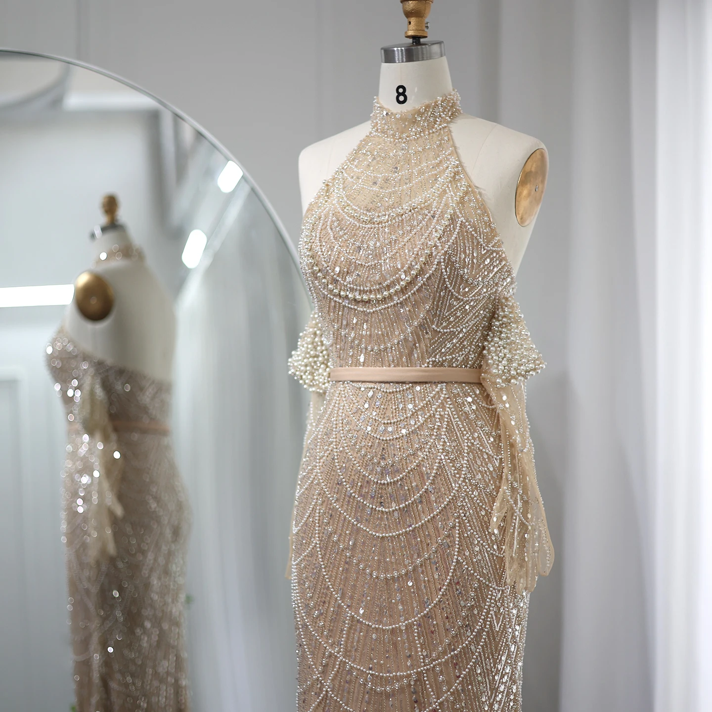 Sharon Said Dubai Luxury Nude Mermaid Evening Dresses Sexy Halter with Gloves Arabic Wedding Party Formal Gowns SS689 Customized