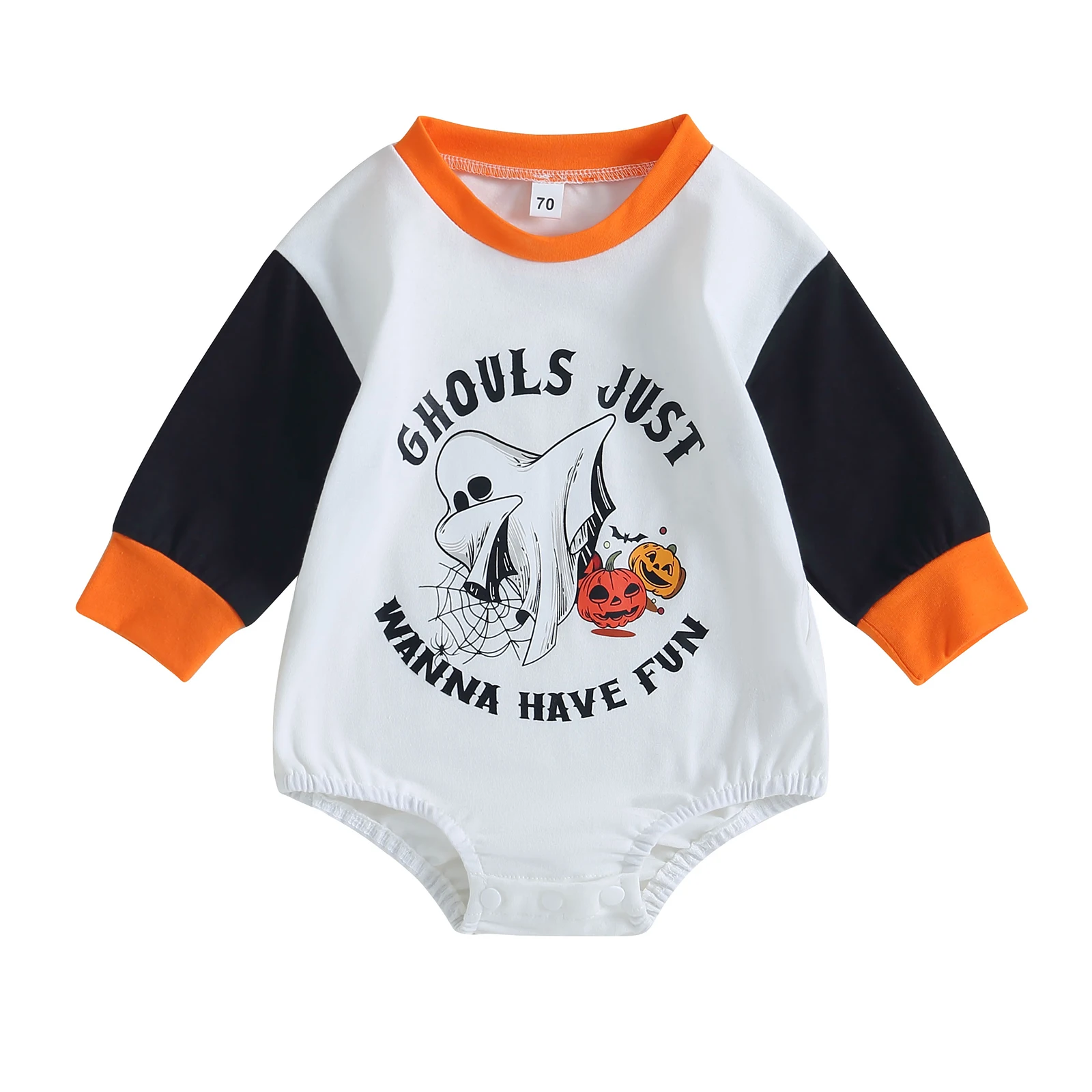 

BeQeuewll Baby Girls Boys Sweatshirts Rompers Halloween Clothes Pumpkin/Ghost Print Contrast Color Jumpsuits Fall Bodysuits