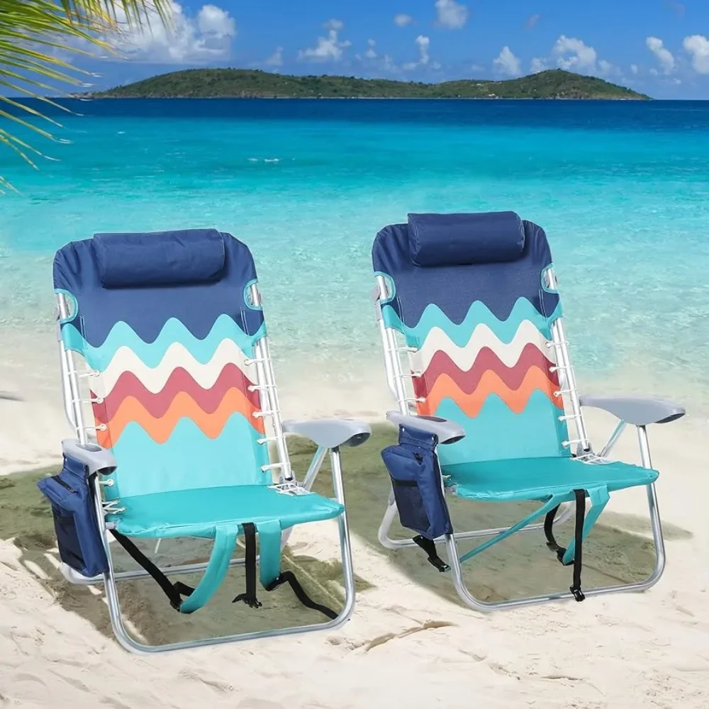 

Beach Chair Set of 2,4-Position Classic Lay Flat, Pillow and Padded Shoulder Straps, Foldable Patio Recliner.