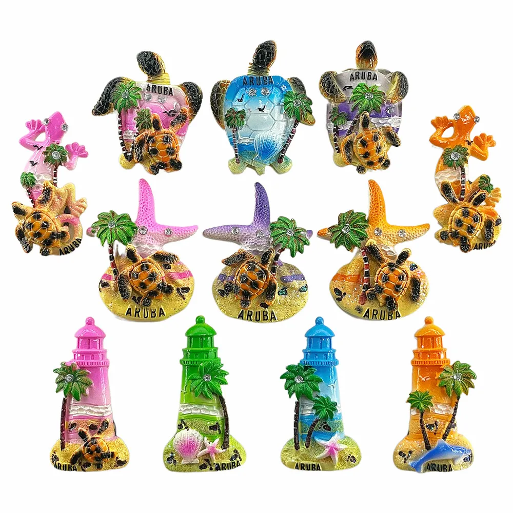 Aruba Tropical 3D Fridge Magnet Bundle, Starfish Turtle Lighthouse Souvenir, Resin Caribbean Collectible Gift Set