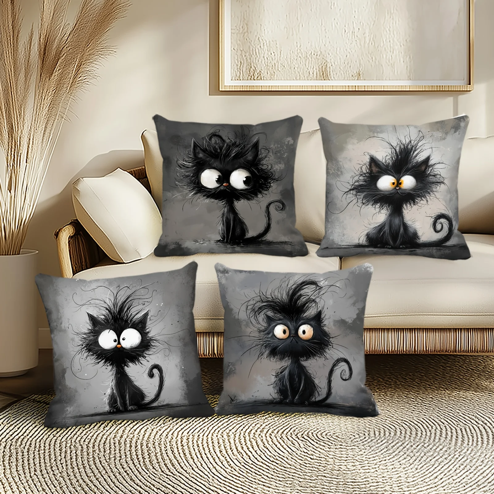 4Pcs, Quirky Black Cat Pillow Covers, Single-Sided, Zipper Closure, Washable Polyester - Perfect for Sofa, Living Room, Bedroom Decor, Decorative Pillows.